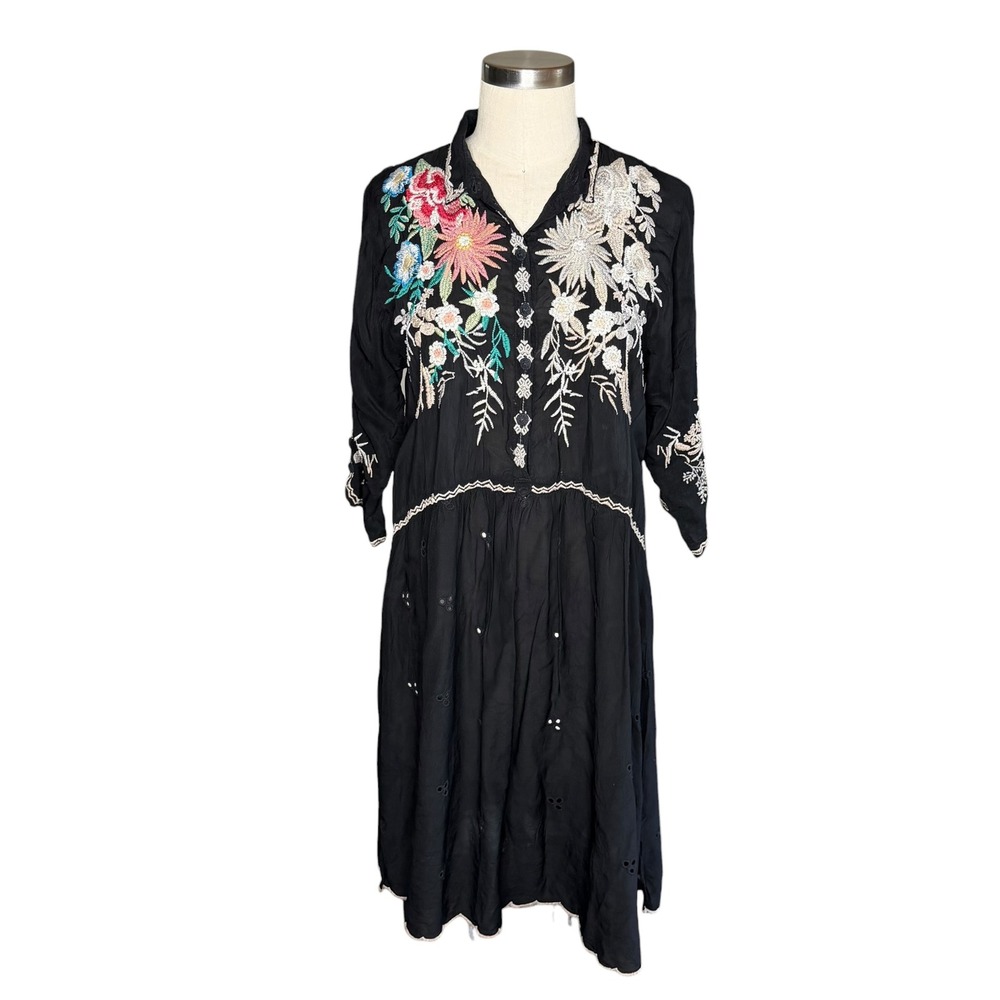 JOHNNY WAS Dress Black Floral Embroidered Eyelet Boho Women's Size Small Chic